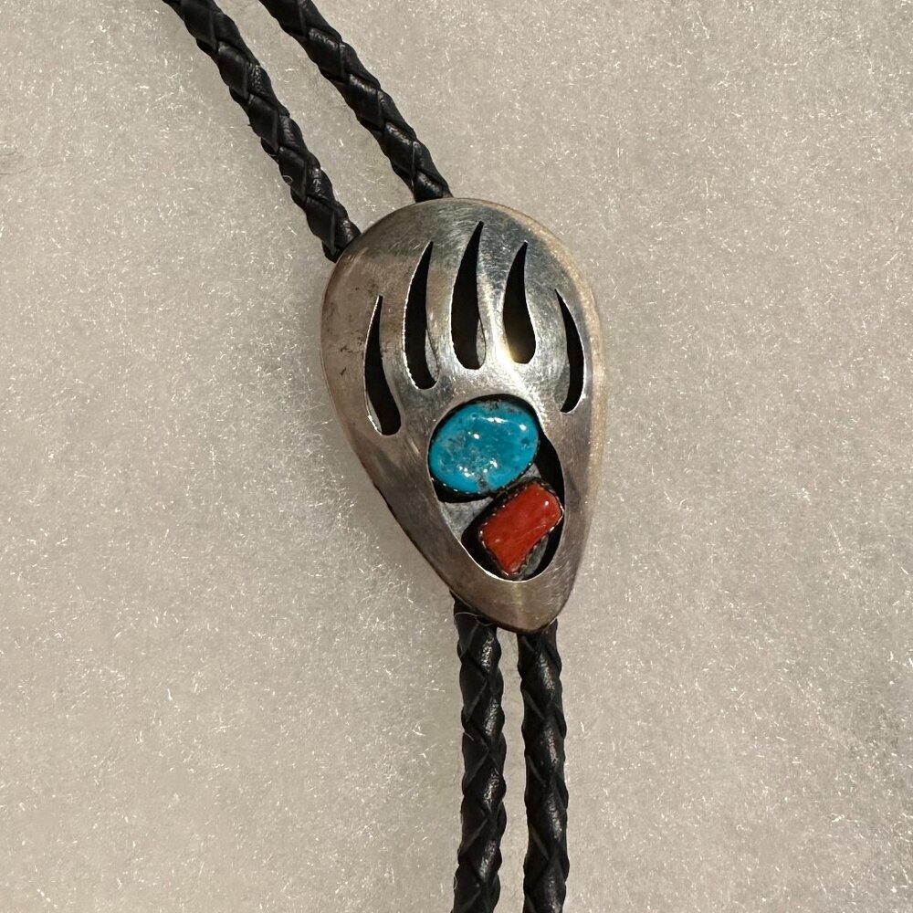 Vintage Navajo Turquoise and Coral Bear Claw Bolo Tie by Thomas Nez